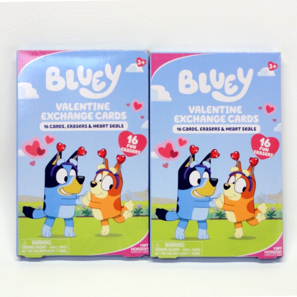 Bluey Dog and Friends 16 Valentine Day Exchange Cards And Fun Erasers Lot of 2